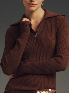 Maeve By Anthropologie Women's Ribbed Half-Zipped Sweater Brown Size Medium